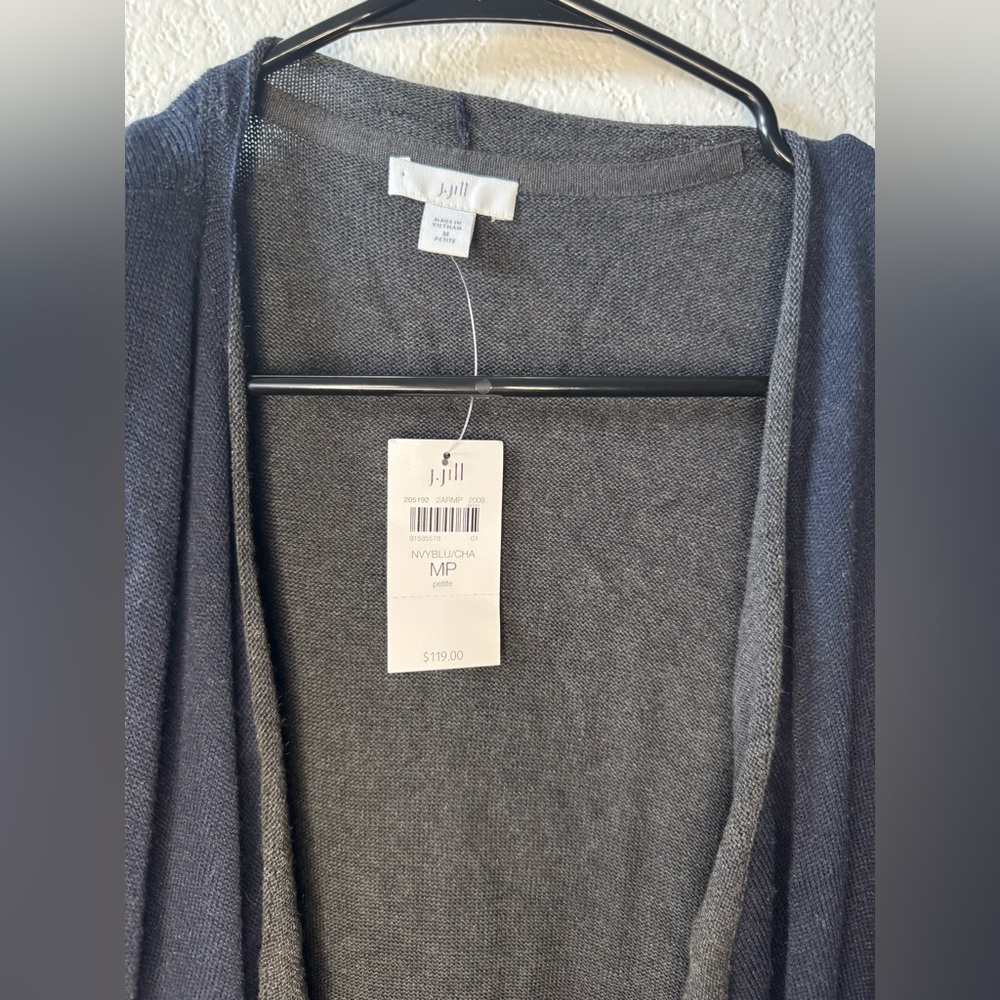 J Jill Long Cotton Open Front Navy Cardigan NWT Size MP - Picture 3 of 5